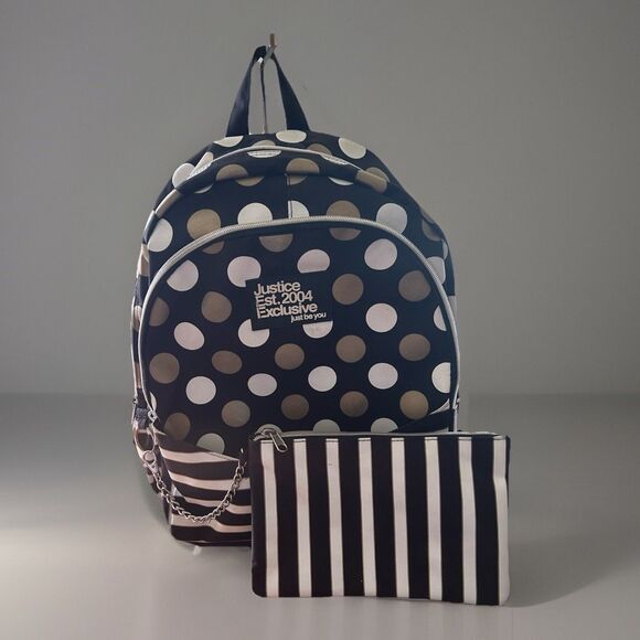 Justice Backpack Est 2004 Exclusive "Just Be You" Gold & White Polka-dot &Stripe - Picture 2 of 10